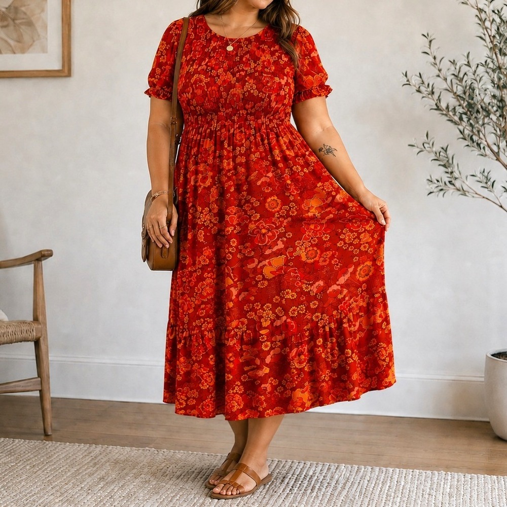 Polagram Floral Smocked Midi Dress Boho Tiered Retro 70s Style Orange Red‎ Large